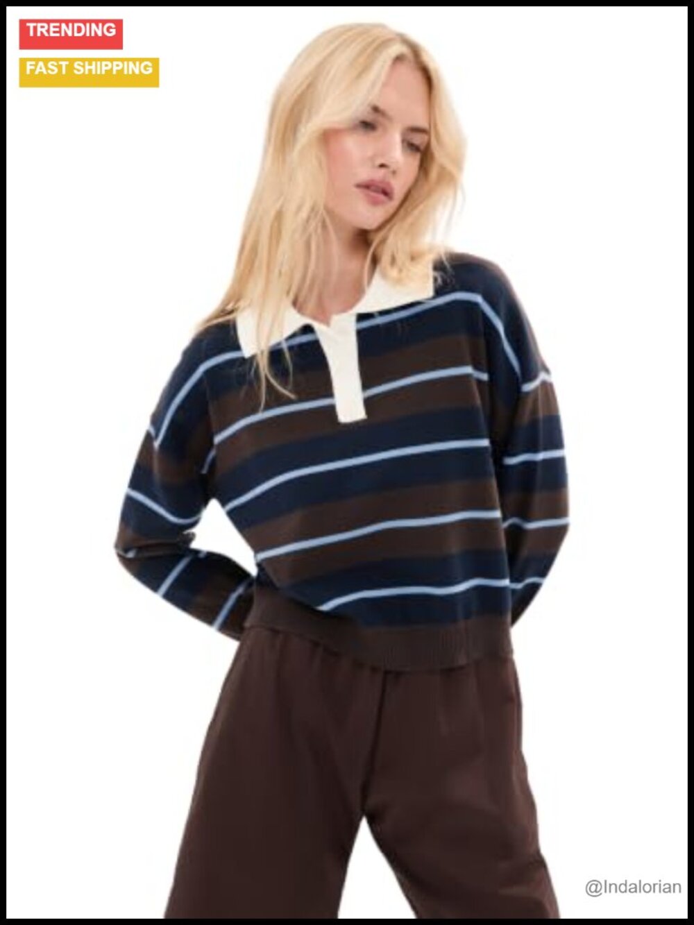 Cropped Polo Top Mid-Weight Stretch Knit Long Sleeve Pull On